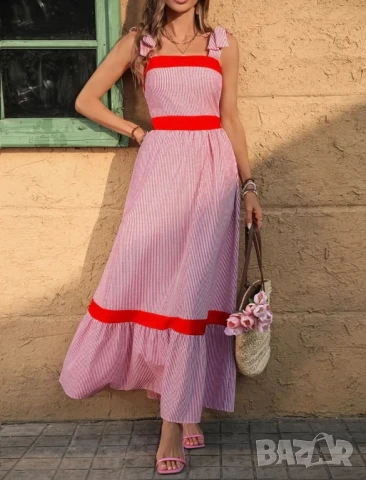 Лятна дълга рокля на червено и бяло райе, снимка 1