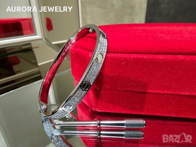 CARTIER Love Paved Silver Classic Diamonds Гривна с Отверка, снимка 2 - Гривни - 53029556