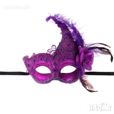 Дамска карнавална маска, лилава, с дантела, брокат и пера