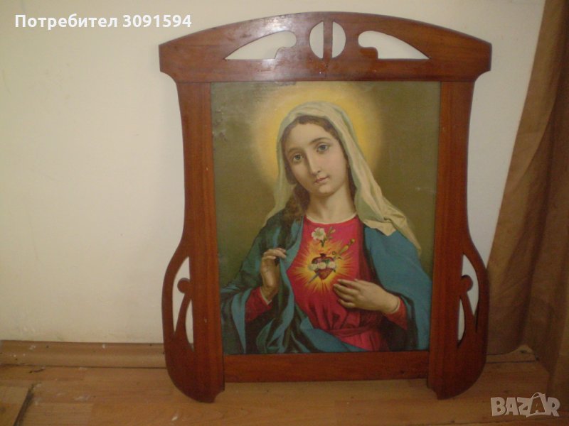 Винтич голяма  Икона рисувана на стъкло В стара Дървена рамка , снимка 1