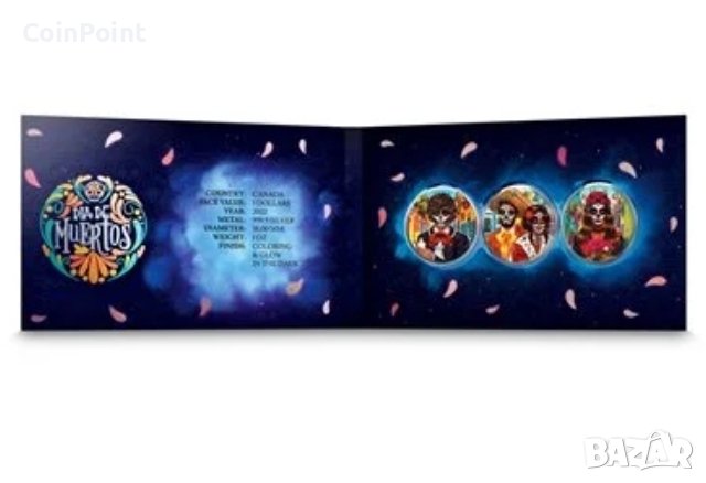 DIA DE MUERTOS Светещи в тъмното 3x1 Oz сребърни монети 5$ Канада 2022, снимка 1