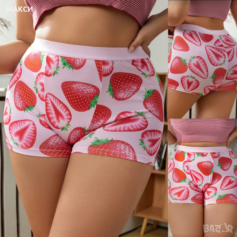 Макси луксозни еластични боксерки с висока ластична талия във весел десен с ягоди, снимка 1