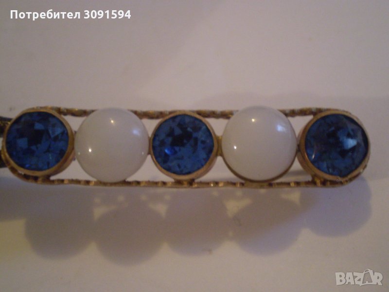 Стара Дамска Брошка МЕСИНГ стъкло е син кристал, снимка 1