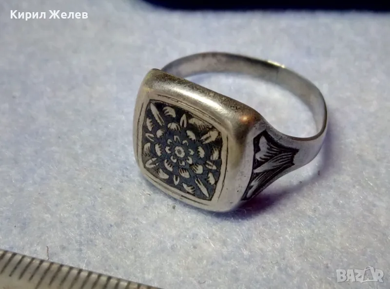 Стар РУСКИ СРЕБЪРЕН ПРЪСТЕН СРЕБРО 875 с НИЕЛО ОРНАМЕНТИКА и ПЕЧАТИ 5СЧ СЪРП и ЧУК в ПЕТОЛЪЧКА 47494, снимка 1