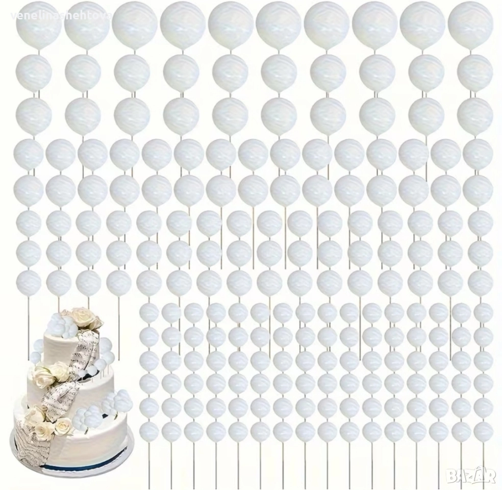 120 броя топчета топки на тел от стиропор за декорация на торта бели бял цвят, снимка 1