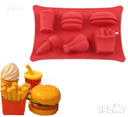 Хамбургер Бургер Кола Бутче Картофи фаст фууд храна дълбок силиконов молд форма фондан шоколад гипс, снимка 1