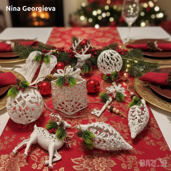 Коледни играчки за елха „Winter White Elegance“ – луксозни висящи декорации с натурален завършек и с, снимка 1