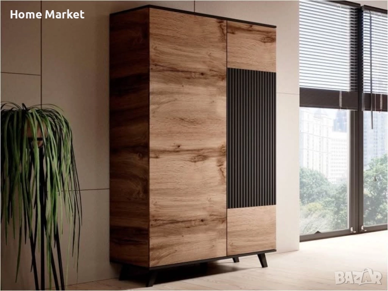 Гардероб RANDOM S-1 двукрил дъб вотан/черно  Материал - фурнирован МДФ/фурнирована мебелна плоскост/, снимка 1