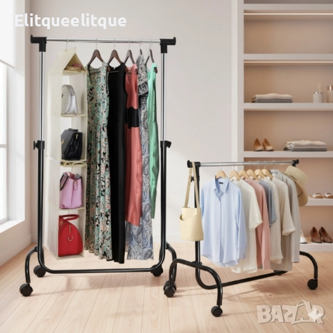 Регулируема метална закачалка на колелца – мобилен гардероб с регулируема височина, снимка 3 - Закачалки - 52125024