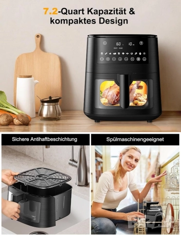 Фритюрник с горещ въздух (Air Fryer) XXL 7.2 литра с прозорец за наблюдение и сензорен LED дисплей, снимка 7 - Фритюрници - 52569168