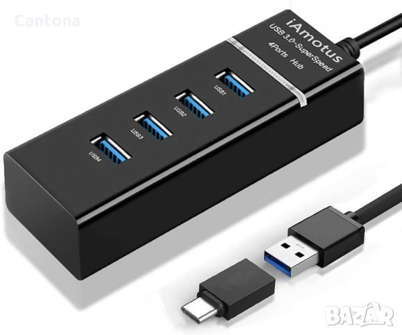 iAmotus USB хъб, 4 порта USB 3.0 Superspeed 5Gps, многопортов адаптер с LED светлина, снимка 1 - Други - 34792663