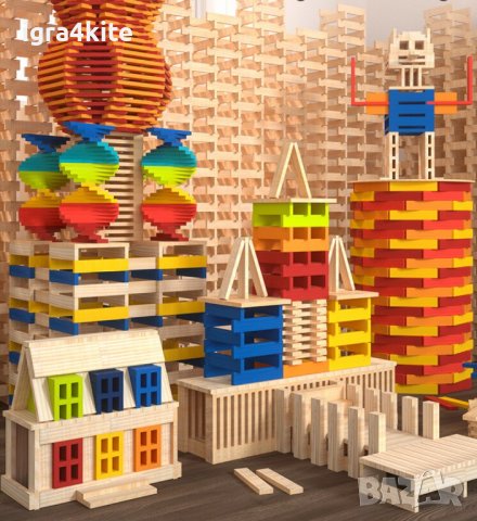Креативен строител 100 бр. с дървени пластини от масивно дърво City Blocks, снимка 1 - Образователни игри - 36816217