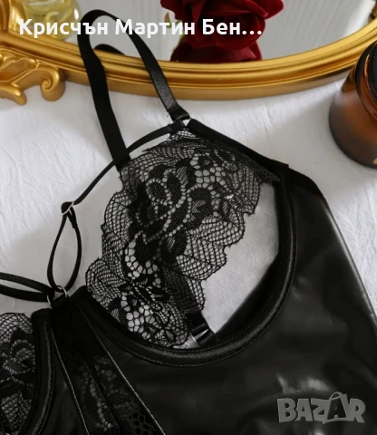 Боди с кожа и нежна дантела /Л, снимка 3 - Бельо - 51399312