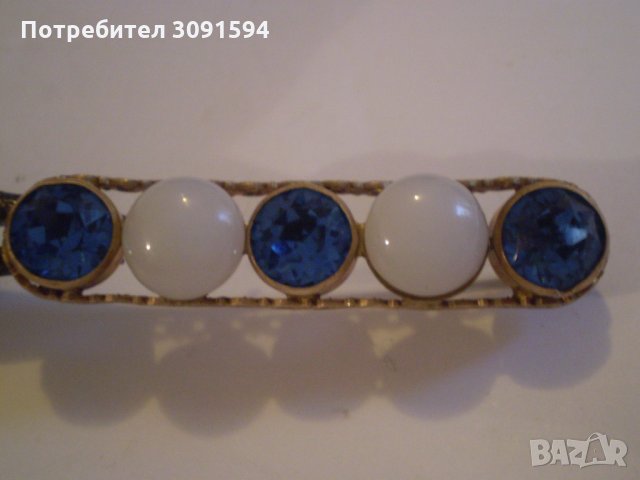Стара Дамска Брошка МЕСИНГ стъкло е син кристал, снимка 1