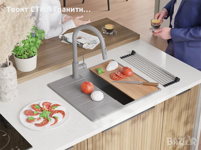 Сива кухненска гранитна мивка Копенхаген 40 Top 550 x 500 мм, снимка 2 - Мивки - 51015699