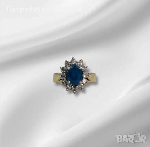 Златен пръстен с диаманти и сапфир 14к, снимка 3 - Пръстени - 53253877