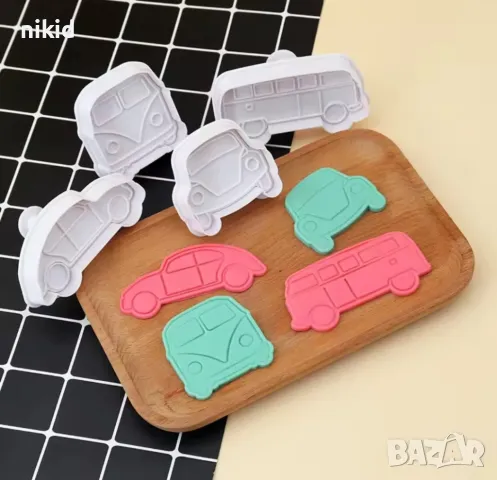 4 бр Кола Автомобил Автобус Бус пластмасови форми резци с бутало за сладки фондан бисквитки, снимка 3 - Форми - 49186307