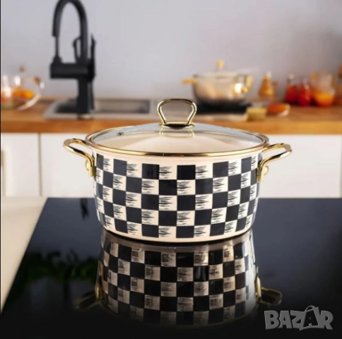 Тенджера Goldmann 24x15см. 6.2л./  26x16см. 8.5л., 4л., 5л., Емайл. Индукция. Бял/Черен каре, снимка 6 - Съдове за готвене - 52112879