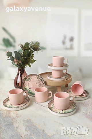 Keramika Комплект за чай Pink Woods, 12 части, за 6 души, снимка 2 - Чаши - 53481370