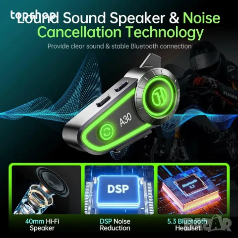 Говорител за Мотоциклетна Каска A30, Bluetooth, IPX67, гласов асистент, Type-C, 1200mAh батерия, снимка 2 - Аксесоари и консумативи - 50555787