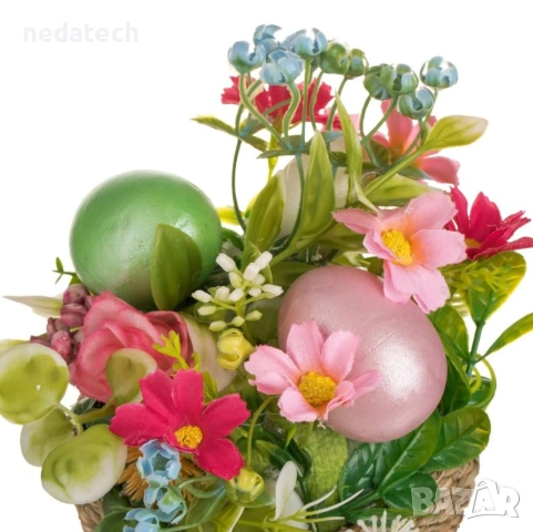 Великденска декоративна саксия с цветя, яйца, дантела и панделка, Ø11x20 см, снимка 3 - Декорация за дома - 53350142