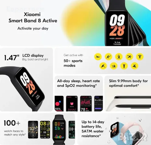 Смарт гривна Xiaomi Smart Band 8 Active, фитнес гривна с 1,47" екран, цвят: черно, снимка 5 - Смарт гривни - 49119025