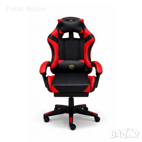 Удобен геймърски стол с поставка за крака и масажна лумбална възглавница, Черно-червен, снимка 6 - Дивани и мека мебел - 53460835
