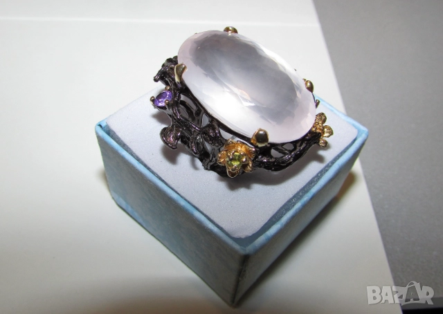 925 сребърен пръстен с 38 карата розов кварц, халка 7/55, снимка 3 - Пръстени - 52886123