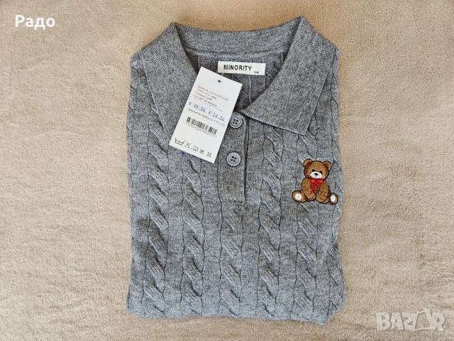 Дамска плетена блуза EXPLOSI 1086-150 сива с мече Рокля DJOFRA FASHION с поло дълги ръкави вталена, снимка 11 - Блузи с дълъг ръкав и пуловери - 53074645