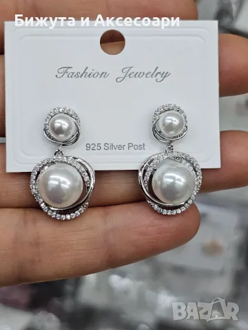 Обеци родий с перли и с кристали - 28425-16, снимка 1