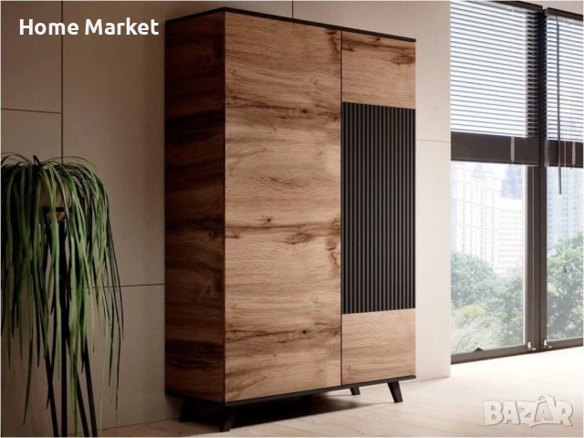 Гардероб RANDOM S-1 двукрил дъб вотан/черно  Материал - фурнирован МДФ/фурнирована мебелна плоскост/