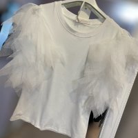 Ефектна дамска тениска с тюл в бяло , снимка 2 - Тениски - 43897559