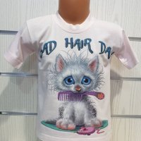 Нова детска тениска с трансферен печат Котенце Bad Hair Day, снимка 1 - Детски тениски и потници - 28462357