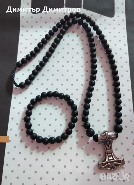 Мъжки комплект от гривна и колие с Чукът на Тор от стомана и оникс. Бижута Луди гъби., снимка 1