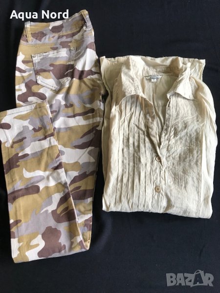 Бежова дълга риза + дълги панталони в милитари стил - Л, снимка 1