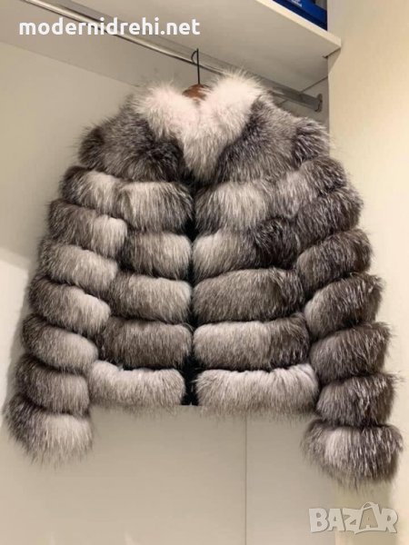Дамско луксозно палто с лисица сиво, снимка 1