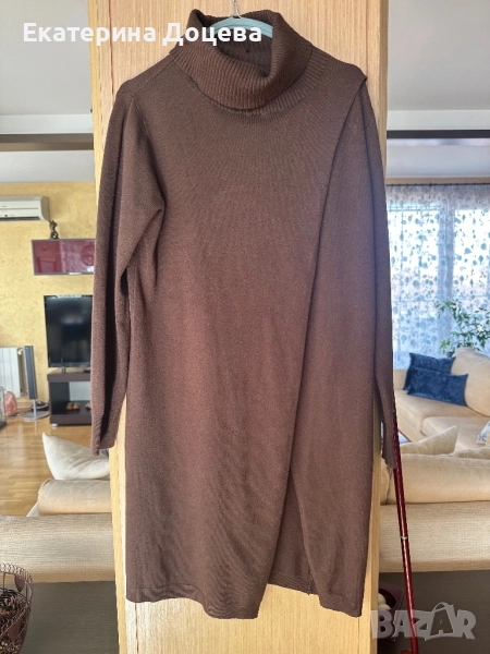 Кафява плетена туника/рокля с прехлупване, снимка 1