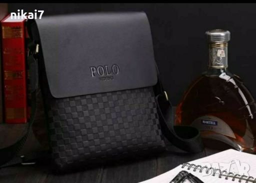 мъжка чанта кожена с презрамка за през гърди шах мат черна, снимка 1