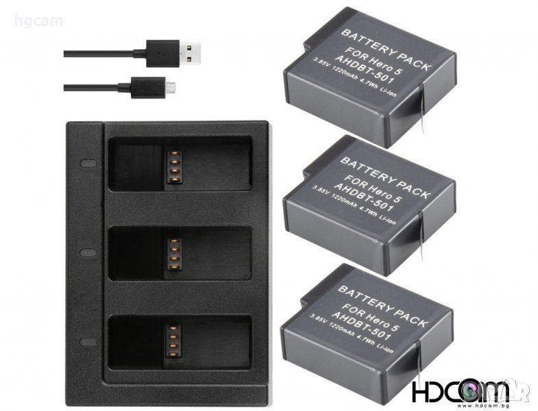 Комплект Зарядно устройство, Тройно + 3бр. Батерии за GoPro Hero 5/6/7, снимка 1