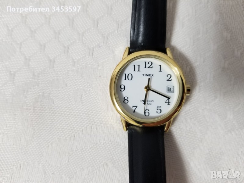 Нов часовник дамски Timex Indiglo T2H341 кварц,  златисто покритие, черна каишка, снимка 1