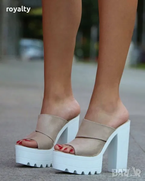 Чехли на ток - бежов велур с бяло ходило , снимка 1