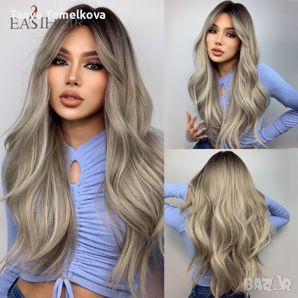 Дълга на вълни пепелно руса перука с бретон, снимка 1