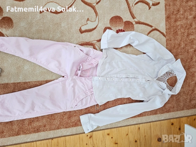 сет дамска вталена риза с красив гръб,ирозов панталон с ниска талия. размер xs,s