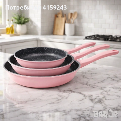 Комплект тигани Cheffinger розово с мраморно покритие – 3 части за всяка кухня - розов цвят, снимка 2 - Прибори за хранене, готвене и сервиране - 53110326