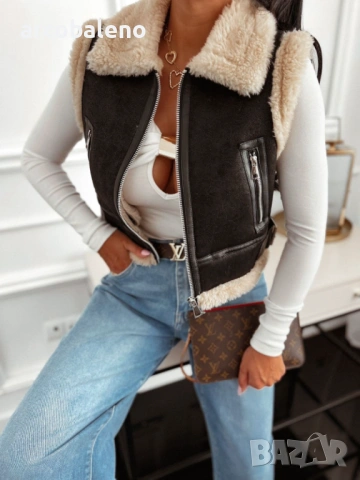 Дамски къс елек от изкуствена кожа с топла подплата, 3цвята , снимка 4 - Якета - 53101953