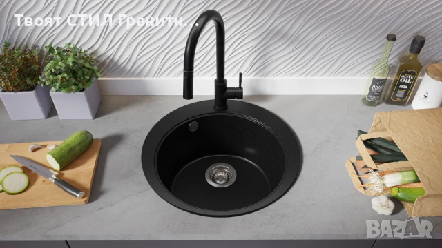 графит кръгла кухненска мивка от гранит Пиза 45 Top 500 x 500 мм, снимка 3 - Мивки - 50782872