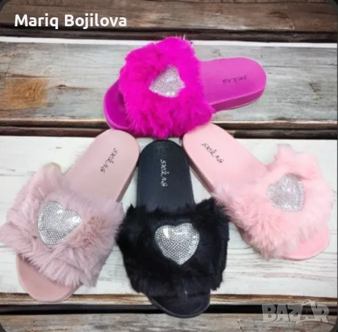 Сладки дамски чехли с пух и романтично сърчице за вълнуваща лятна визия., снимка 1