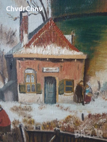 54х44см/малка картина масло върху платно/пейзаж/къщи-каменна кула-мелница/1986/дървена рамка, снимка 5 - Картини - 51215077