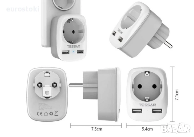 Tessan TS-611 Захранващ разклонител,  2 x USB-2.4A портове за зареждане, 10 A, адаптер за множество , снимка 2 - Кабели и адаптери - 50965887