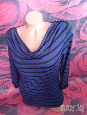 Турско синя блуза с 7/8 ръкав на черно райе и гръцко деколте Л, снимка 4 - Блузи с дълъг ръкав и пуловери - 49461875